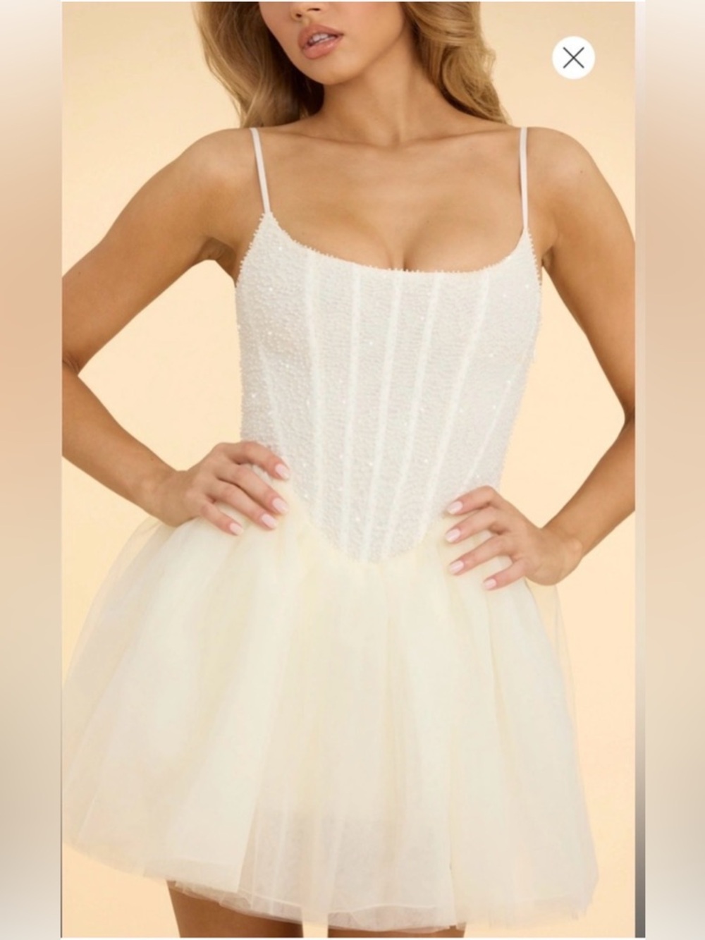Oh Polly White Corset Ivory Beaded Tulle Spaghetti-Strap Dress
